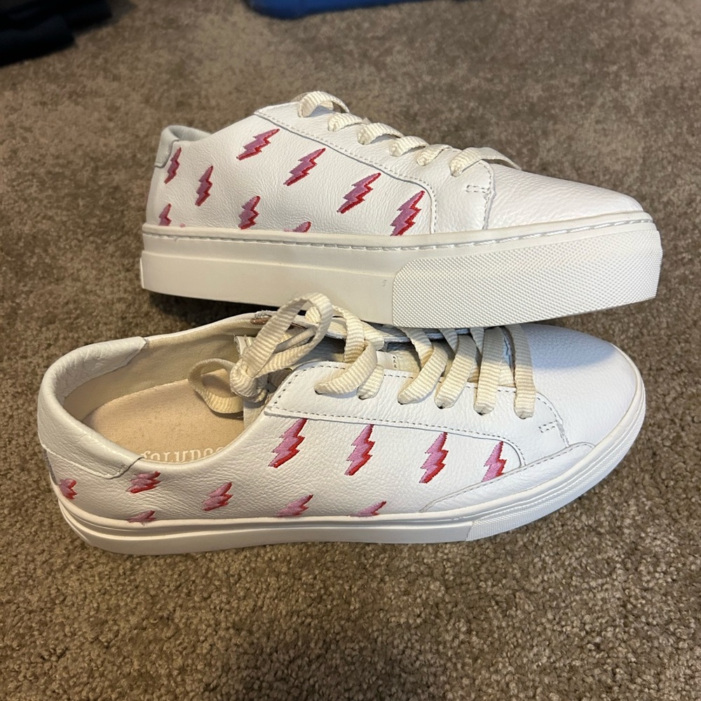 Soludos White Sneakers with Pink Lightning Bolts